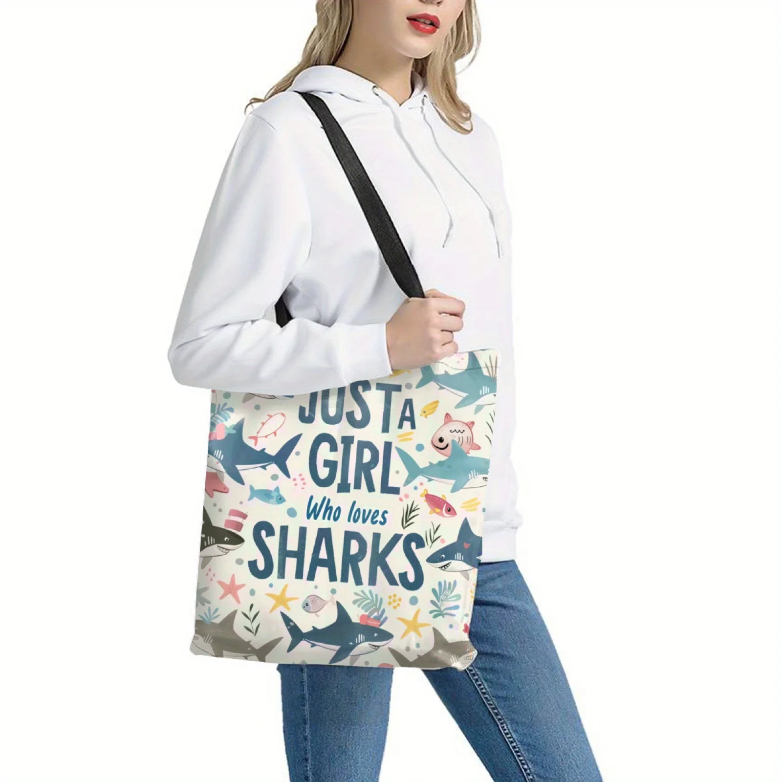 Shark Enthusiast Polyester Tote Bag for Women Reusable Shopping and Beach Tote with Whimsical Shark Pattern Shopper Storage Bags