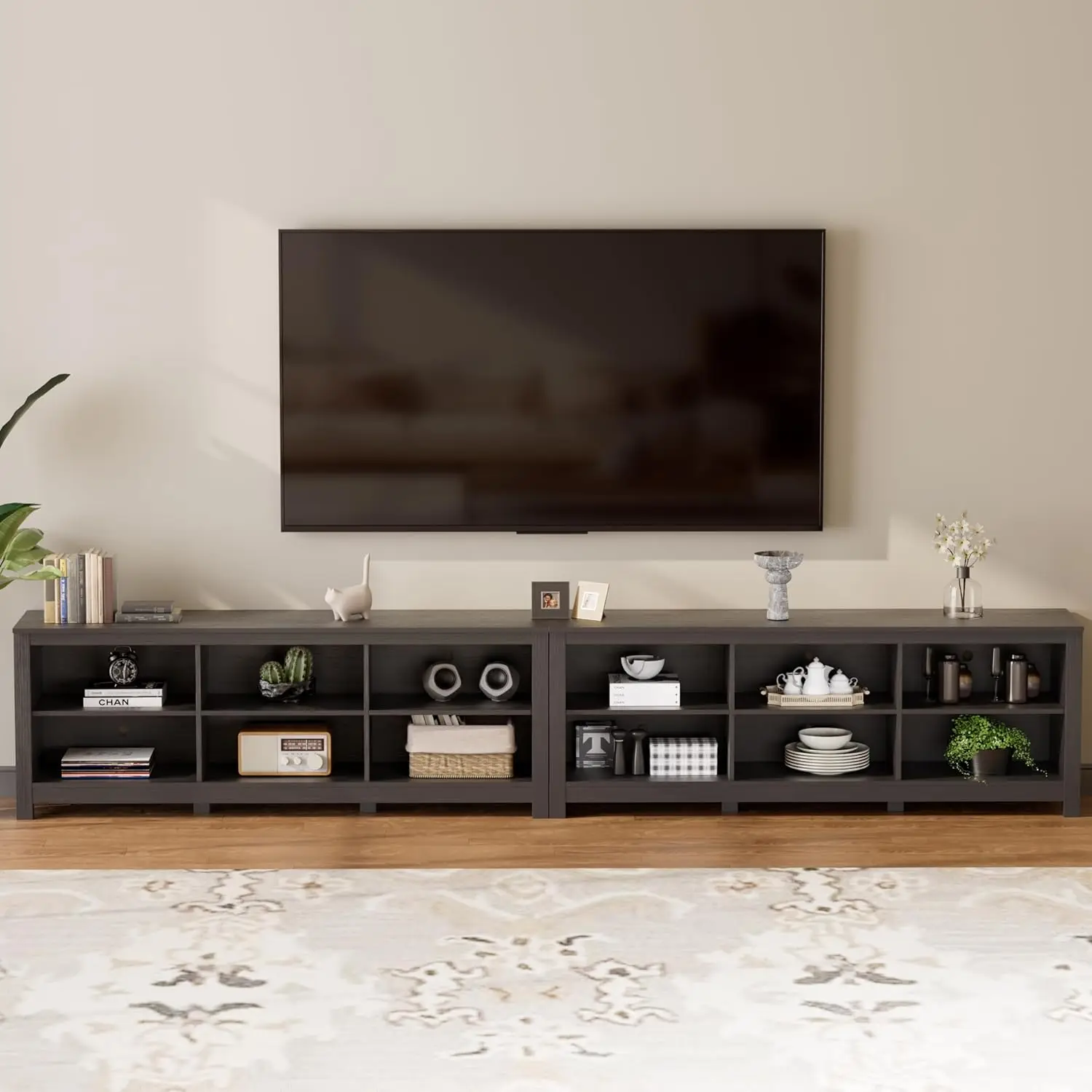 Suporte de TV para TV de 110 polegadas, centro de entretenimento preto para mesa de console de TV de mais de 90 polegadas com armazenamento de 12 cubículos, televisão clássica