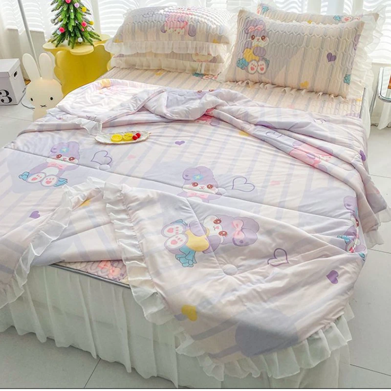 

Kawaii Cartoon Print Summer Cooling Comforter Bed Skirt Sheets with Pillowcases Bedding Set Soft Latex Lace Bedspread Thin Quilt