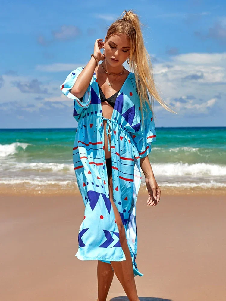 

Cover-ups Kimono Tunic For Beach Kaftan Swimsuit Cover Up Print Belt Beachwear Bobe De Plage Pareo Summer Beach Dress