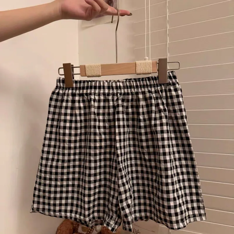 Mulheres Xadrez Confortável Pijama Shorts, Cintura Elástica, Japonês Simples Perna Larga Roupas Casa, Dormir Solto, Multicolor