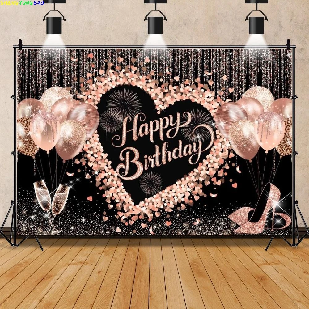 

Photo Backdrop Fabulous Women 18 30th Birthday Party Decor Banner Balloon High Heel Rose Champagne Photography Background