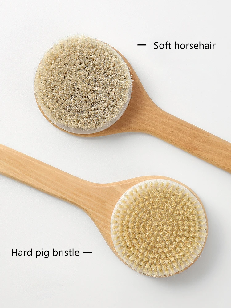 Long Handle Bath Brush Soft Hair Bath Brush Back Round Head Brush Bathroom Horsehair Hog Bristle Shower Massage Brush