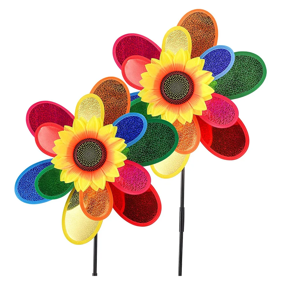 Double-layer Sunflower-shape Windmill Garden Park Outdoor Decoration Layout Pinwheels Colorful Sequin Windmill For Party Garden