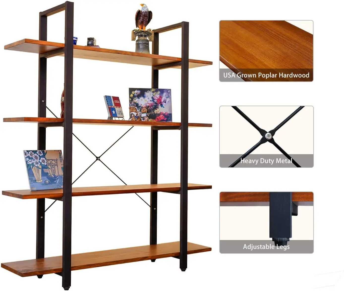 CONSDAN Industrial Bookshelf, USA Grown Hardwood, Real Wood Bookshelves, Modern Open Rustic Bookcase, Storage Shelf