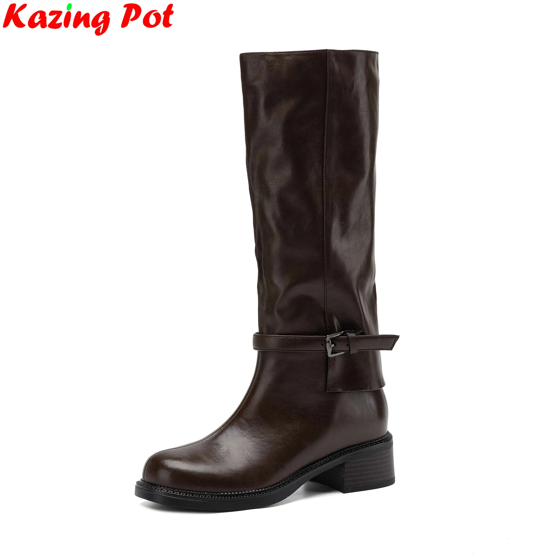 Plus Size 34-42 Cow Leather Riding Boots Dating Warm Winter Shoes High Heels Dating Brand Ins Casual Belt Buckle Knee-high Boots