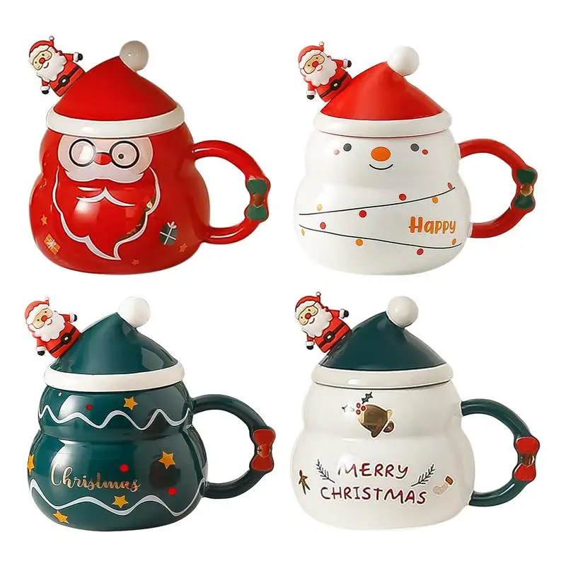 Christmas Coffee Cup 500ml Ceramic Milk Mug with Christmas Hat Lid and Santa Claus Spoon Juice Cup with Handle for Women Girls