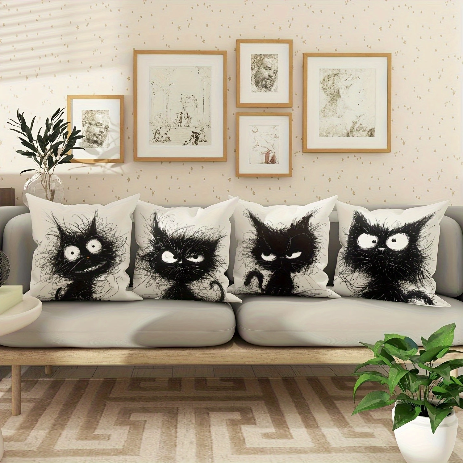 1PC 2D Flat Funny Spooky Black Cat Throw Pillow Covers Halloween Home Decor Cushion Cases Non-real Embroidery, Machine Washable