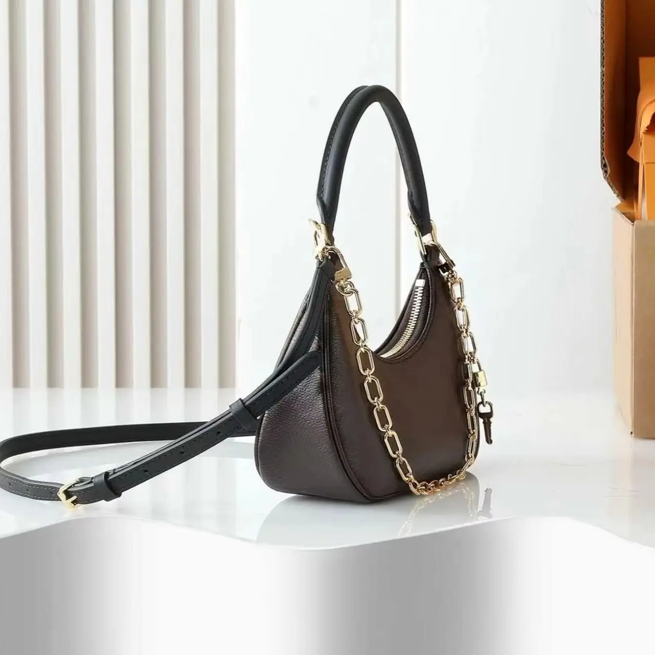 Dark Brown Pebbled Leather Hobo Crescent Bag, Dual Carry Handles with Detachable Leather Cross Strap Gold Paperclip Chain Decor Underarm Purse.