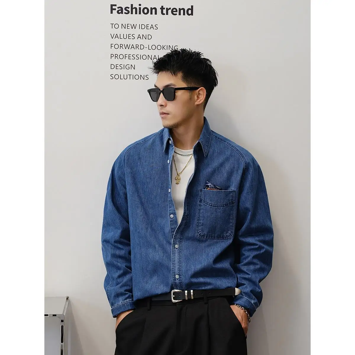 

Blue Denim Long Sve irt Men's Large Size Outerwear Autumn Trendy Brand Xutailang 280g Youthful Sle Regular Length