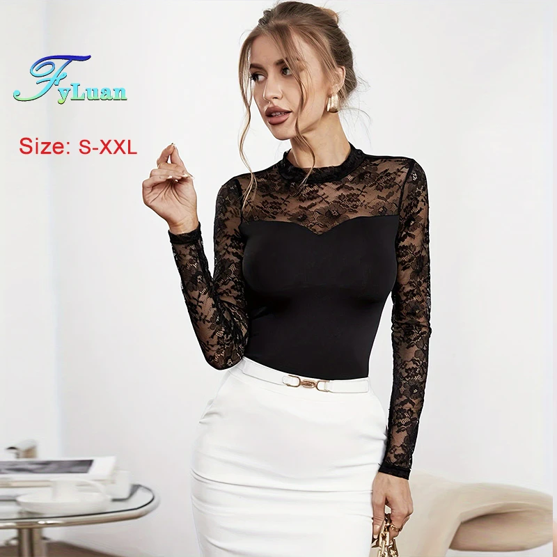 

Hot-Selling New Women T-Shirt Top Sexy Lace Splicing Long Sleeve Inside Join Wearing Outside Small Stand Collar Slimming Pullove