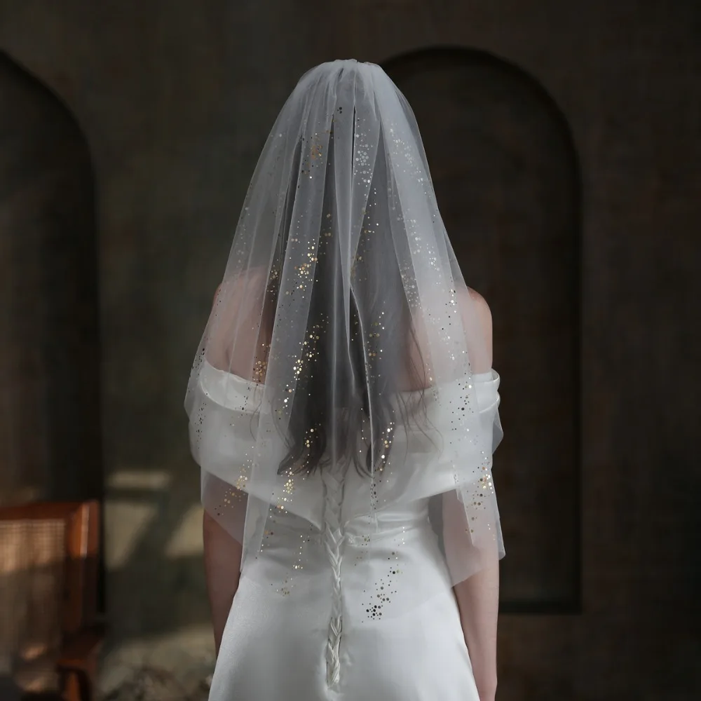 

White Mixed Golden Wedding Veil Marriage Shoulder Bridal Veils Accessories Bridal Veil Simple Beaded Bride To Be