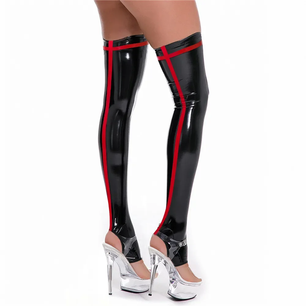Women Stripe High Stockings PVC Shiny High Stockings PU Faux Leather Boot Thigh-High Open Foot Maid Stockings Stage Wear