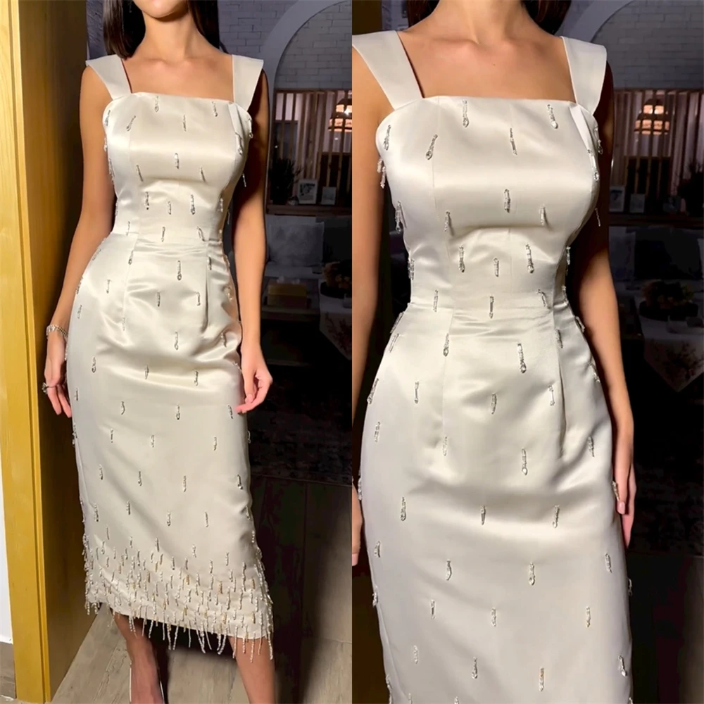 Prom Dresses sparkle Spaghetti Sheath Celebrity Sequin Tassel Satin Occasion Evening Gown robe de soirée femmes فستان سهرة