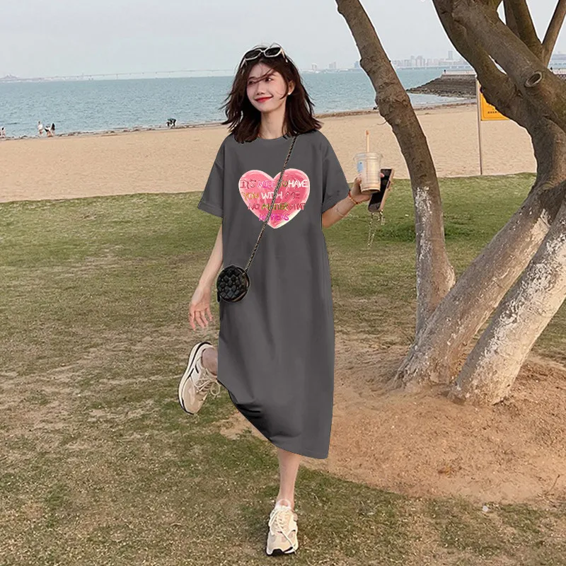 하트 프린트 한국 인스 스윗 스타일 여름 플러스 루즈 반팔 원피스