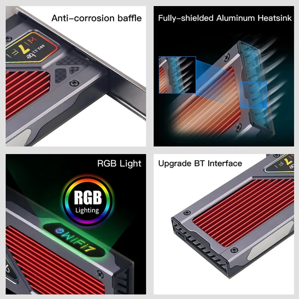 WiFi 7 BE8800RGB PCIE 무선 네트워크 카드 BT5.4 확장 베이스 Win10/11이 포함된 데스크탑 PC용 8774Mbps 트라이 밴드 2.4G/5G/6GHz