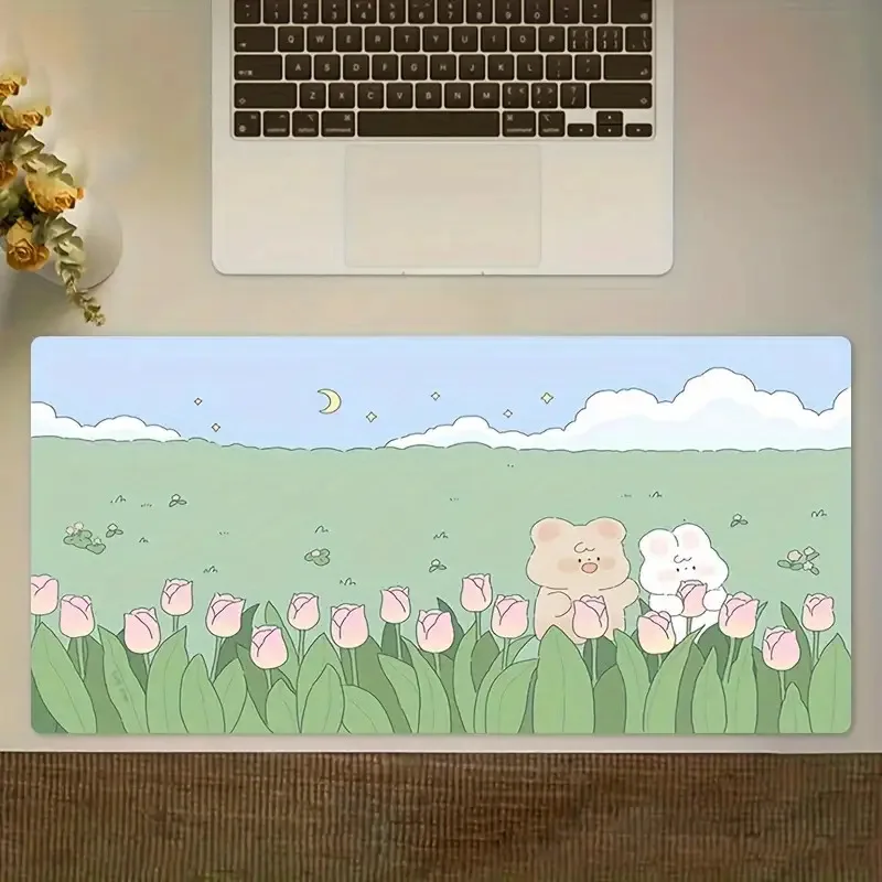 Cute Bear Tulip Field Extended Mouse Pad Non-Slip Rubber Large Desk Mat for Keyboard Office