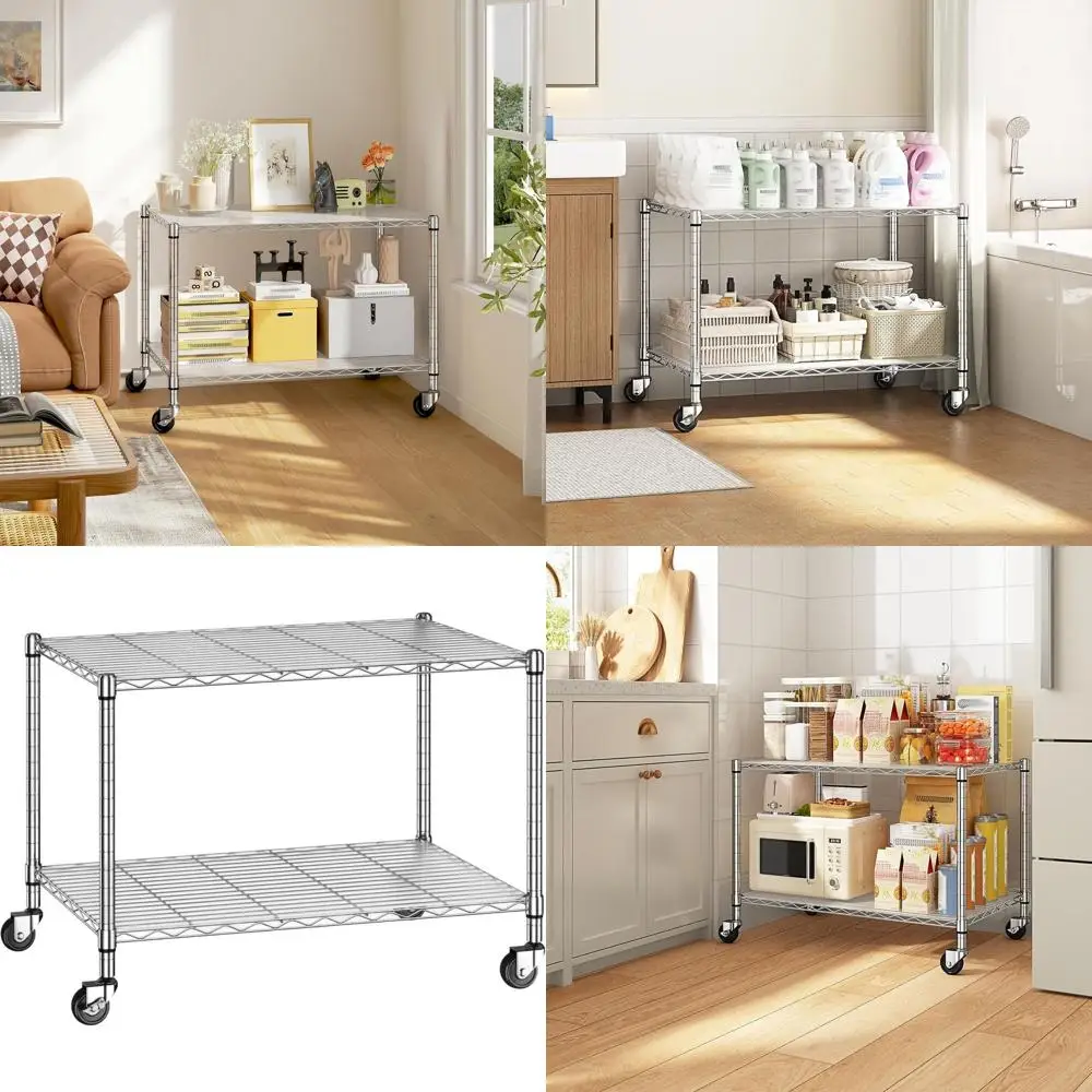 

Регулируемый двухуровневый хромированный стеллаж на колесиках, 18D x 36W x 26H, для кухни, гостиной, офиса, гаража и кладовой.