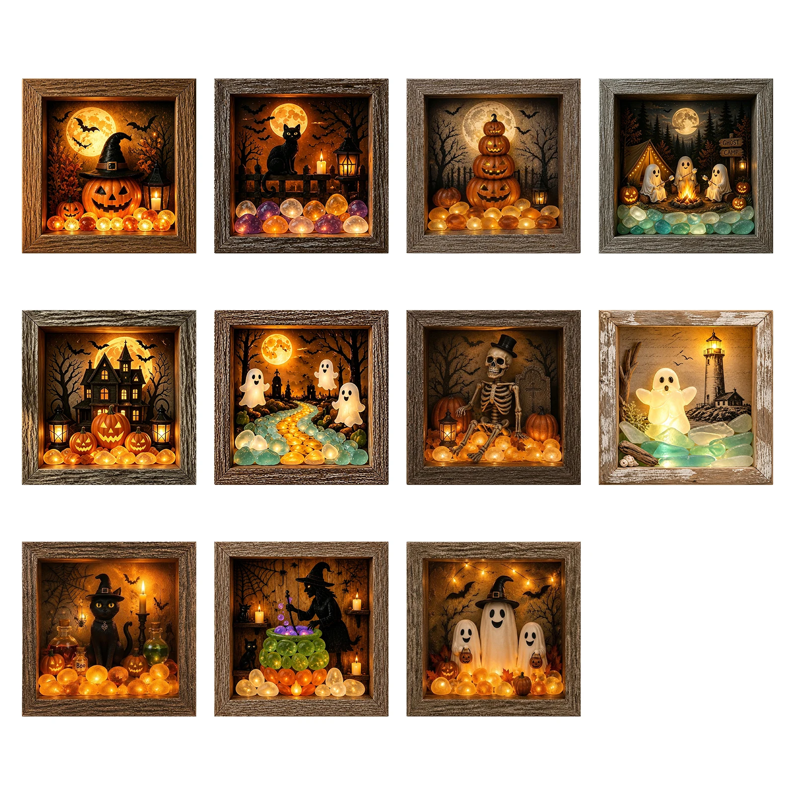 DIY Halloween Shadow Box Frame Memory Boxes Display Case LED Night Light Gothic Decor for Collectibles Medals Home Decoration