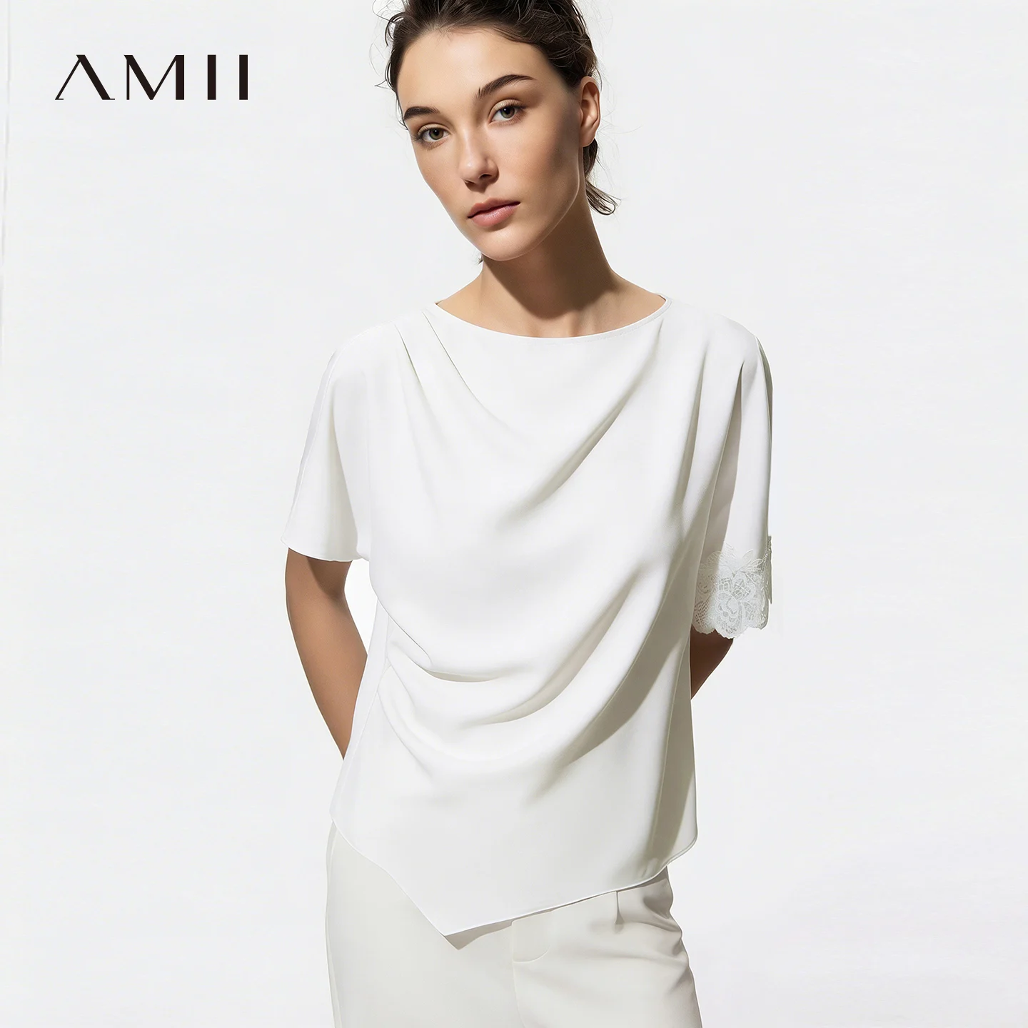 

Amii Women's Blouse 2026 Summer New Boat Neck Lace Trim Asymmetric Hem Top Office Casual Short Sleeve Chiffon Shirt 12642087