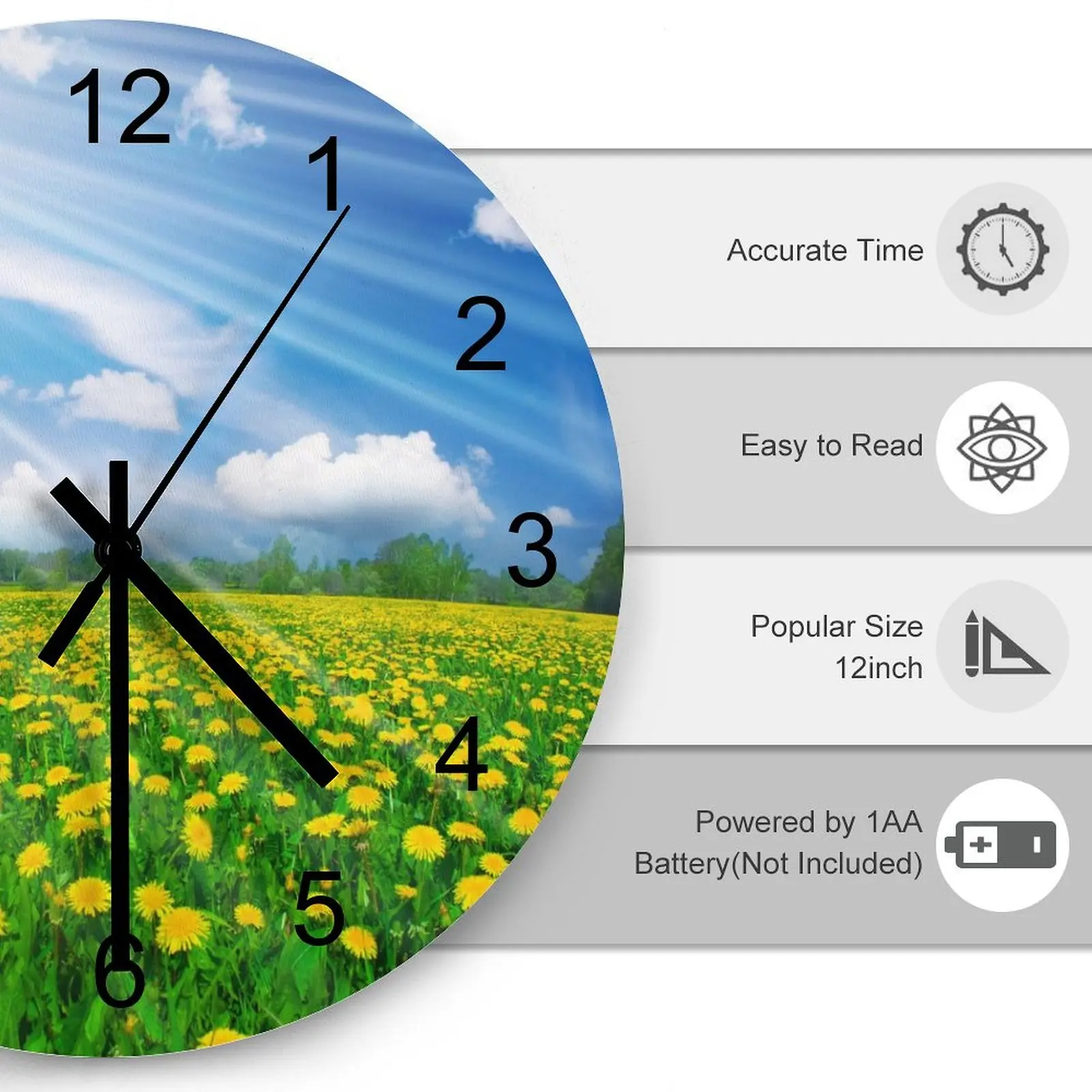 Living Room Wall Clock Rundown Flowers Nature Clocks 12 inch Mute Wood Round Artistic DIY Theme Sporty