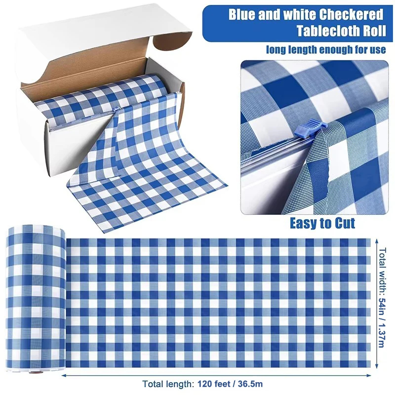 Plastic Checked Table Cloth, 54in x 120 Ft. Disposable Tablecloth Roll with Sliding Cutters for Picnic, Parties & Festivals