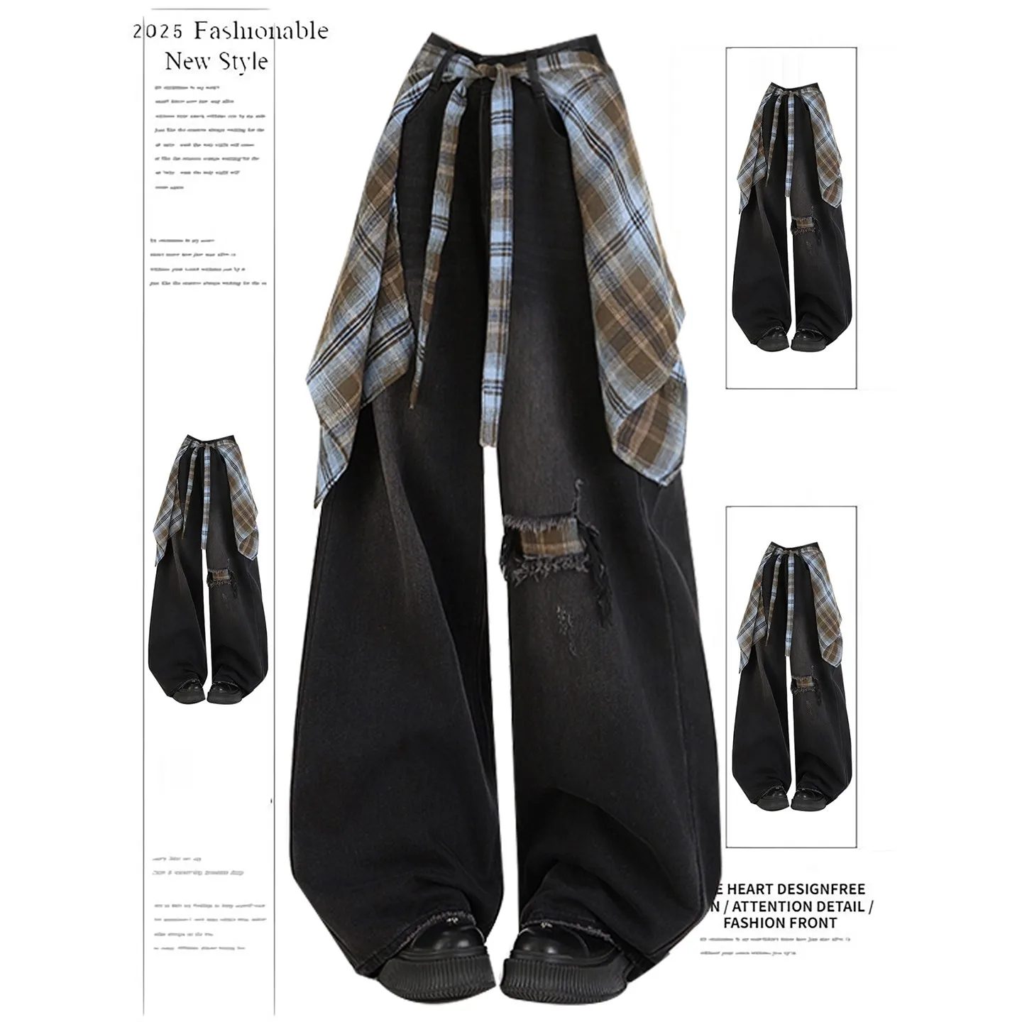 取り外し可能なハイウエストワイドレッグジーンズ女性のルーズストレートカットデニムパンツ秋の新作カジュアルウェアフェイクホールデザイン