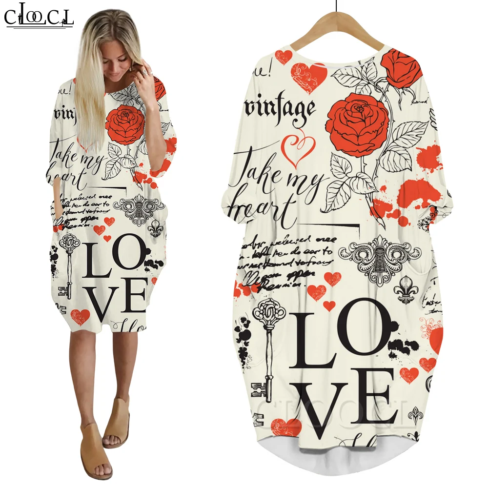 CLOOCL Retro Dresses Rose and Letter-printed Loose Casual Pullover Women Clothing Knee-Length Summer Valentine's Day Dress