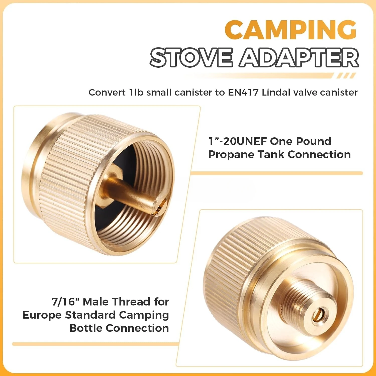 2pcs Propane Gas Camping Stove Adapter 1LB Small Tank Convert to EN417 Bottle Thread 7/16" Brass Adapter for Outdoor Camping