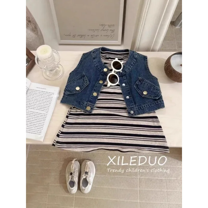 

Children's Outfit New Summer Girl Cute Fashion Striped Dress Denim Vest Elegant Two-Piece Set