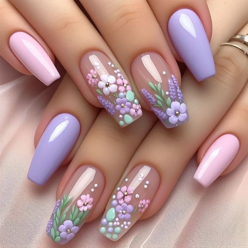 Uñas falsas de color nude con pequeñas flores, estilo ins simple, uñas postizas desmontables con pegamento 5