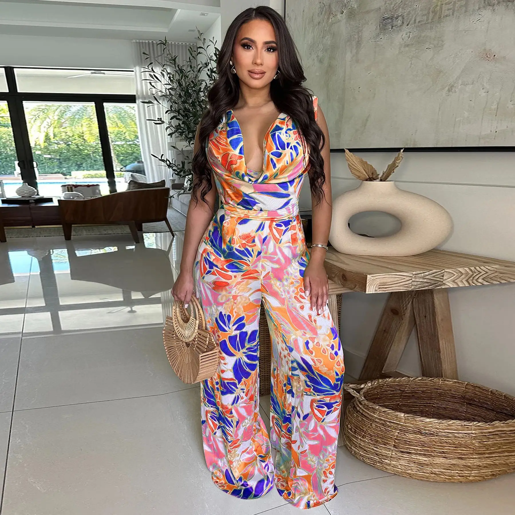 

Fashion Women Floral Printed Vintage Sleeveless Wide Leg Jumpsuits Summer Beach Night Club Playsuit One Piece Suit Romper