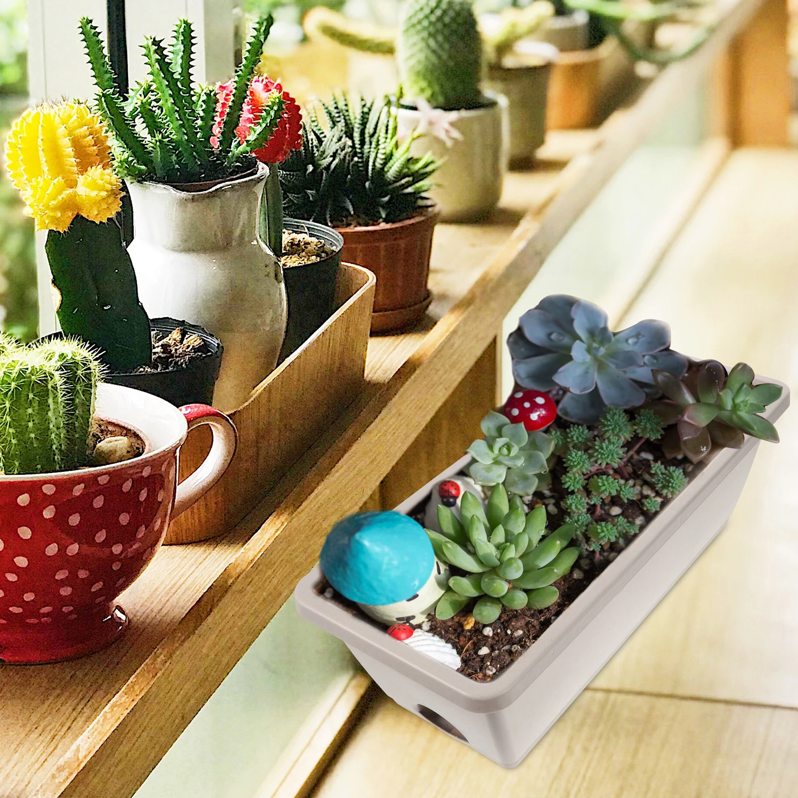 

4 Sets Plant Pots Indoor Vegetable with Bottom Bracket Planter Tray Window Rectangular Light Grey Growing