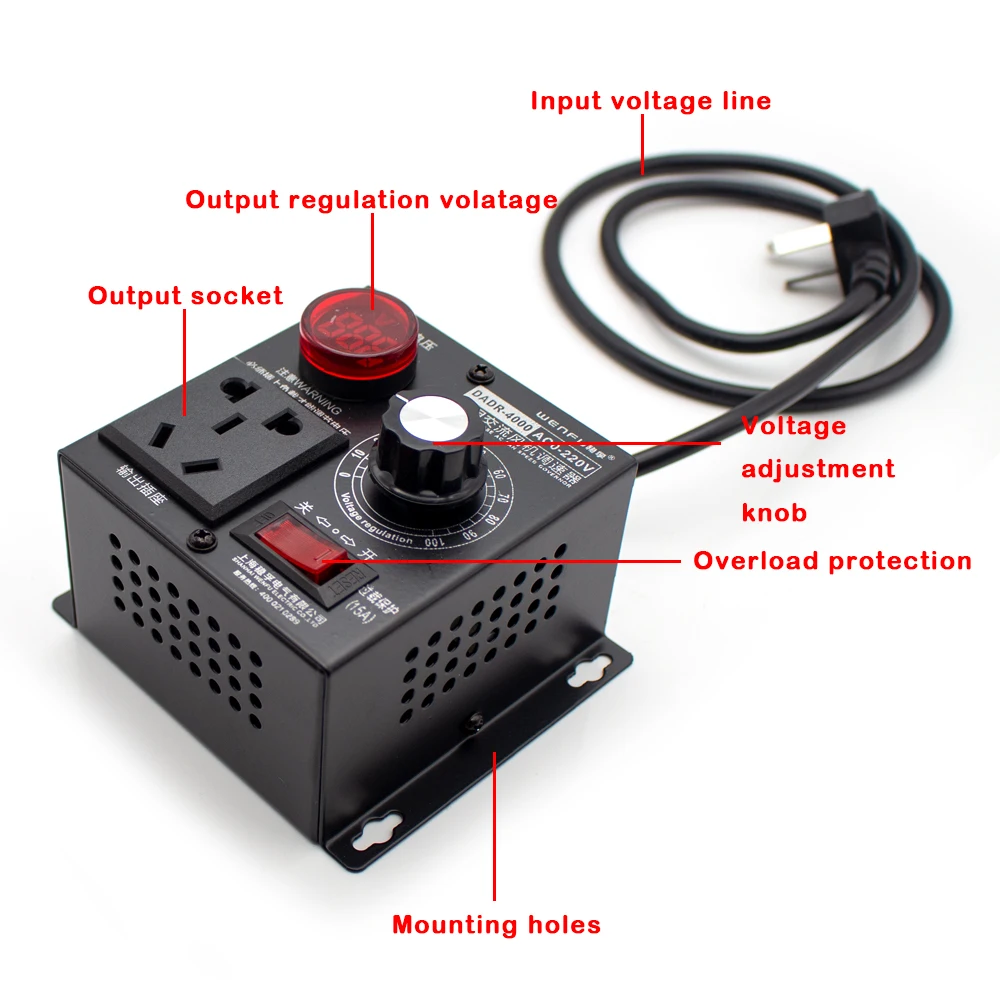 Termostato ajustável da velocidade do fã do regulador de tensão do regulador de velocidade do motor monofásico da c.a. 0-220v 4000w com voltímetro 4kw y