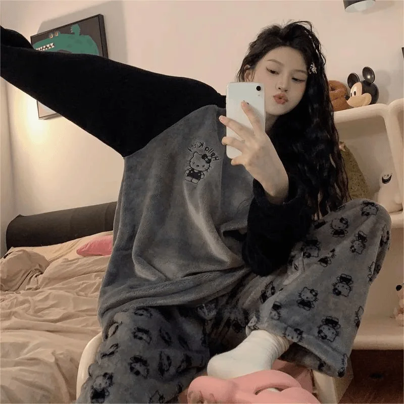 アニメミッキーマウス漫画女性ベルベットパジャマセット秋冬ラウンドネックルーズぬいぐるみ暖かいホームウェア女の子かわいいナイトウェア