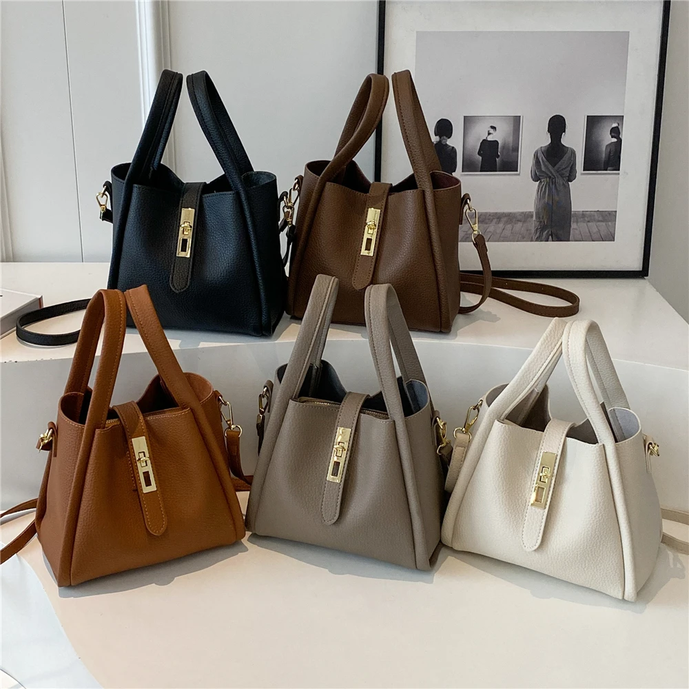 Burminsa Double Handle Small Tote Bucket Bags For Women 2024 Trend Designer Ladies Shoulder Crossbody Bag PU Leather Handbags