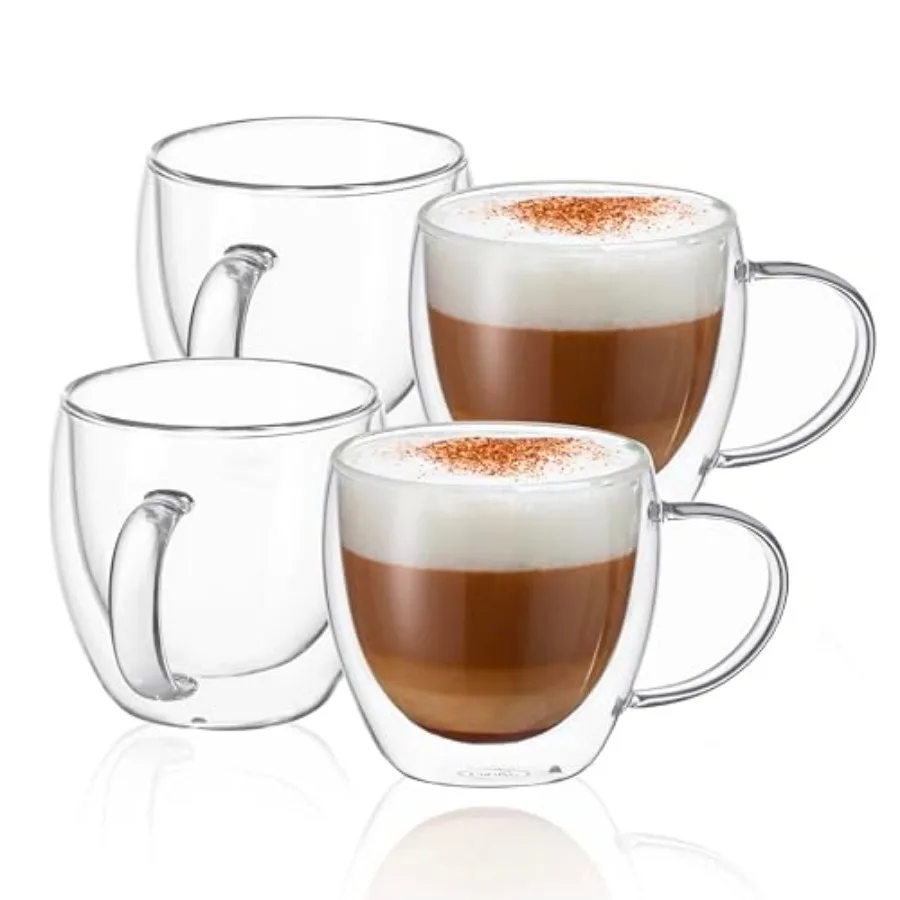 

Стеклянные кофейные кружки 8,5 унций, с двойными стенками, термоизолированные, с ручкой, прозрачные, для эспрессо, латте, капучино, чая, набор из 4 штук