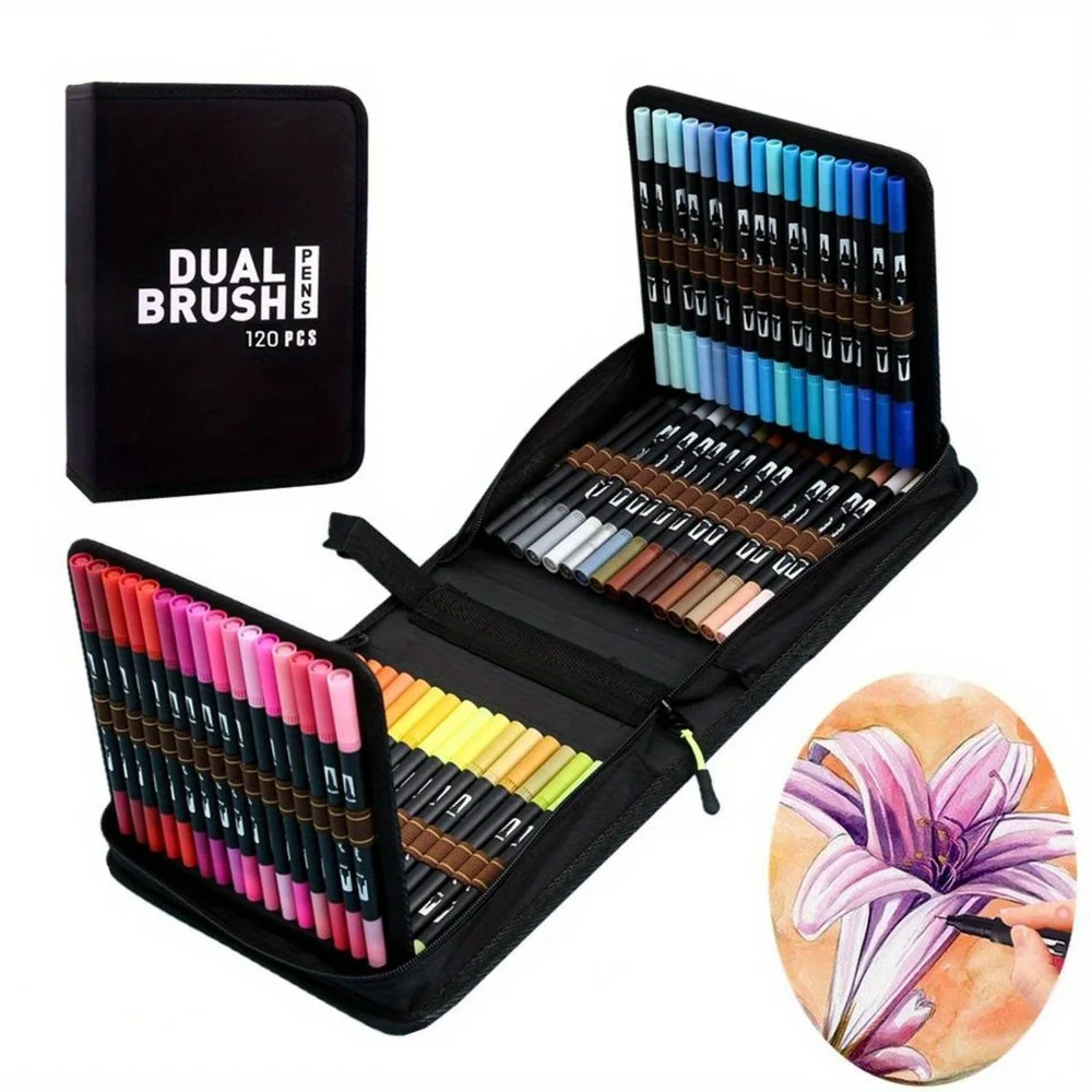 60/120 kleuren Dual Brush Tip Markers Set Tweekoppige wasbare zachte borstelpennen met zwarte staven en stoffen tasborstel en fijne puntmarkering