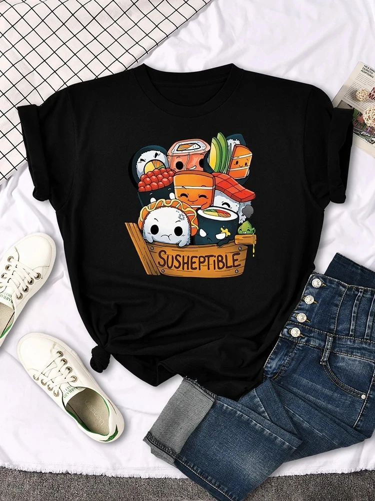 Kawaii Delicious Food Sushi Style Print Women's T-shirt Summer Fashion Tops Stylish T-shirt Loose Soft Women's T-shirt Y2k Top