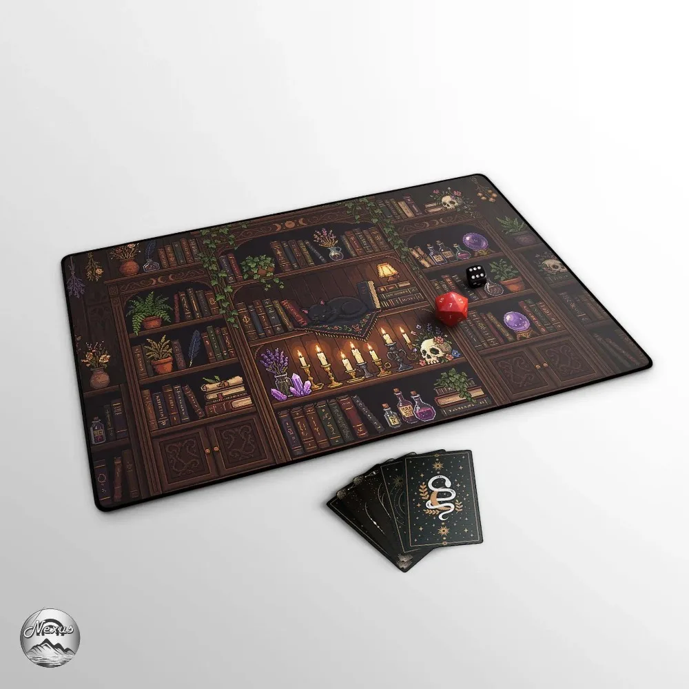 TCG Playmat: Witchy Bookshelf & Cat, Cute Pixel Art Game Mat With EDH Card Zones, Plants And Books, Retro Fantasy