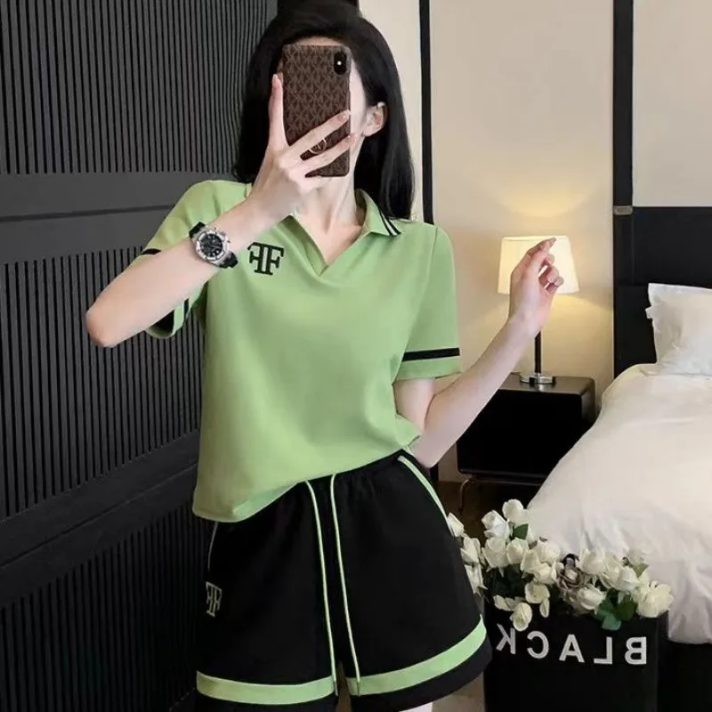 Women's Short Sets 2 Pieces Green Tracksuit Female Shorts Vacation Outfits Woman 2025 Clothing Trend New Features of Matching