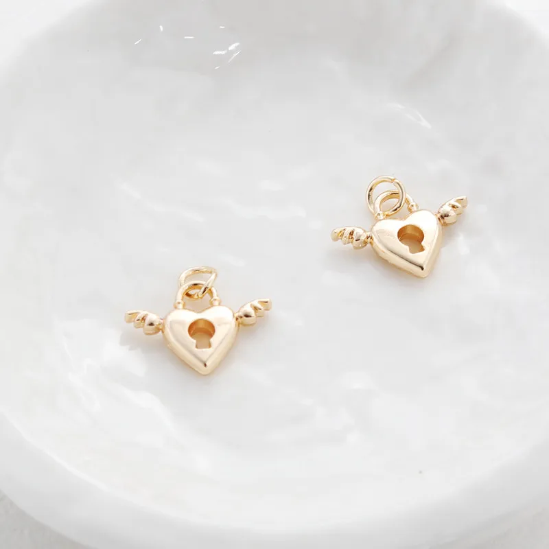 14K Gold-Plated Wing Heart Key Pendant 13*18mm DIY Charms For Bracelets Necklaces