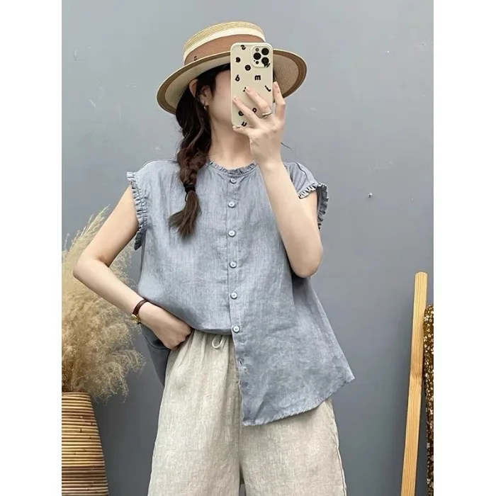 

plus Size Women's Shirt Fashionable round Neck Short Sleeve Elegant Style Commute Wind Pure Color Button up Casual Top