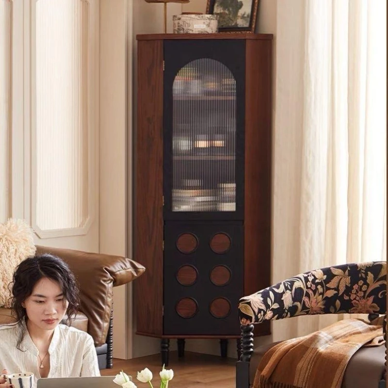 French retro solid wood corner cabinet Middle antique storage corner cabinet Living room integrated wall display cabinet