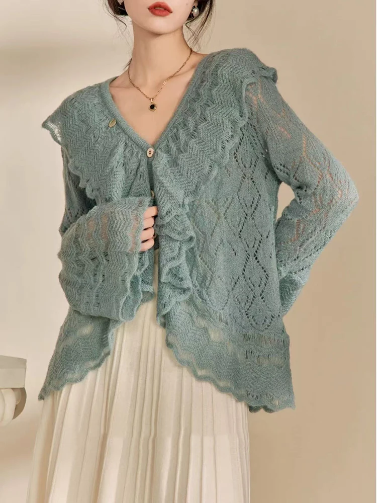 Ruffled Kadın Örgü Hırka Kore Zarif Şık V Yaka Uzun Kollu Kadın Jumper Y2K Moda Tüm Maç Yumuşak Kazak Bayanlar