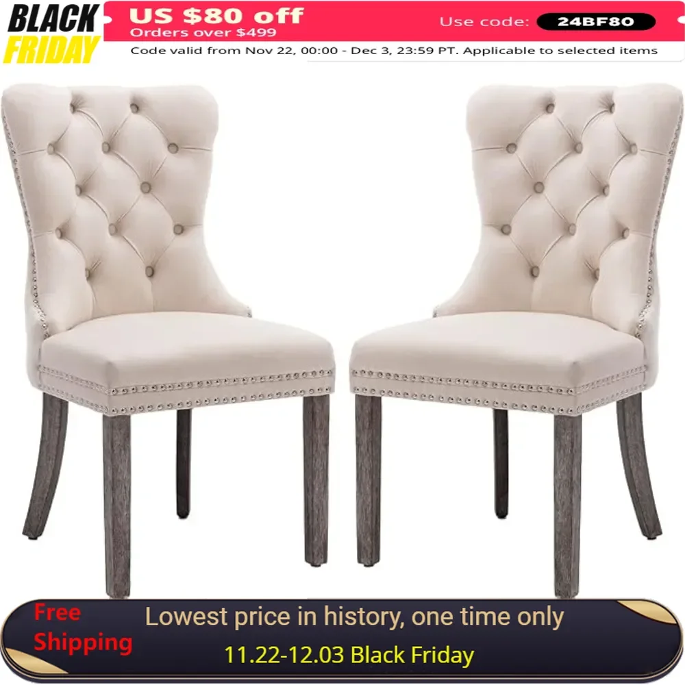 Dining Chairs Set of 2 Faux Leather Dining Room Chair Upholstered High-end Tufted Kitchen Chairs Solid Wood Legs