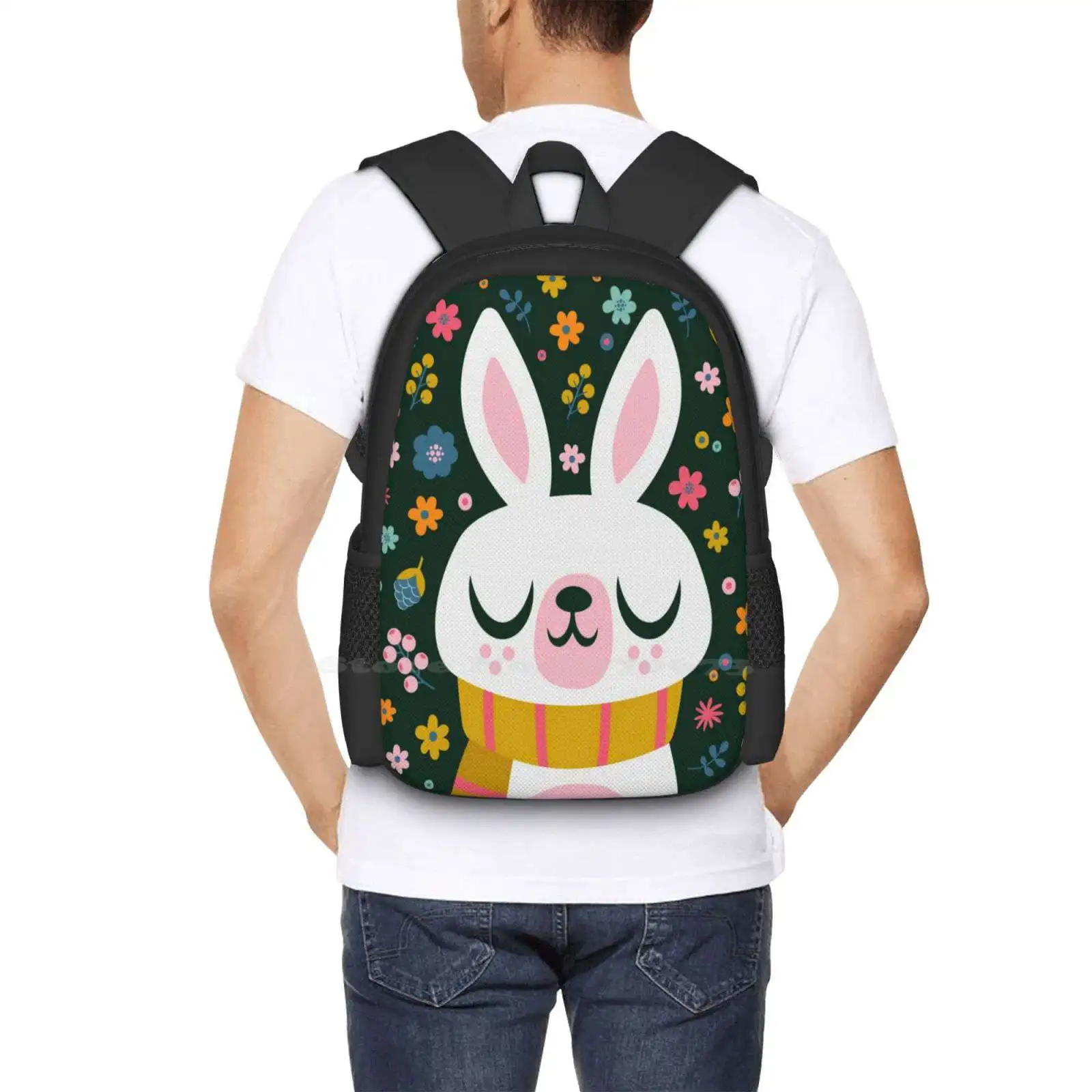 Bunny Wearing A Scarf And Flowers Backpacks For School Teenagers Girls Travel Bags Bunny Flowers Floral Smile Sweet Rabbit Cute