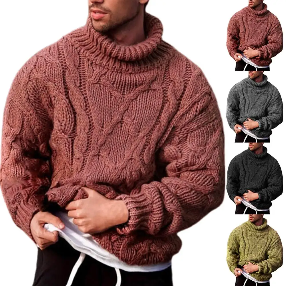 Jersey de algodón cálido para hombre, Jersey ajustado de punto trenzado con cuello de tortuga, Color sólido, moda de otoño e invierno