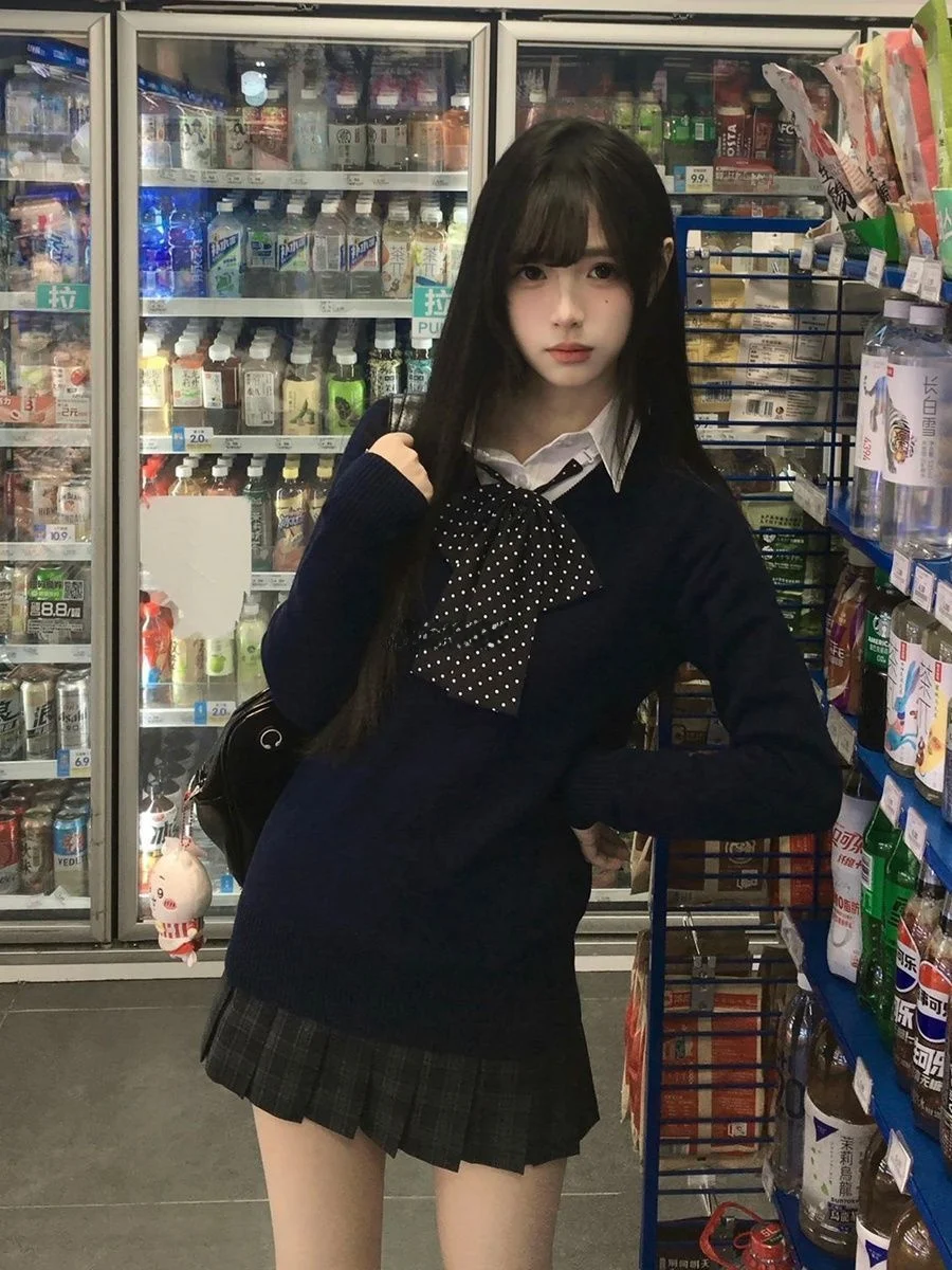 

Original Design JK orm Knitted Long Sve Pullover Outfit Set Entalling Navy Blue School orm Skirt for Women