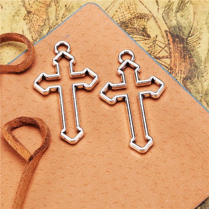 10Pcs/Lot Charms Hollow Cross 38x22mm Antique Bronze Silver Color Pendants DIY Crafts Making Findings Handmade Tibetan Jewelry
